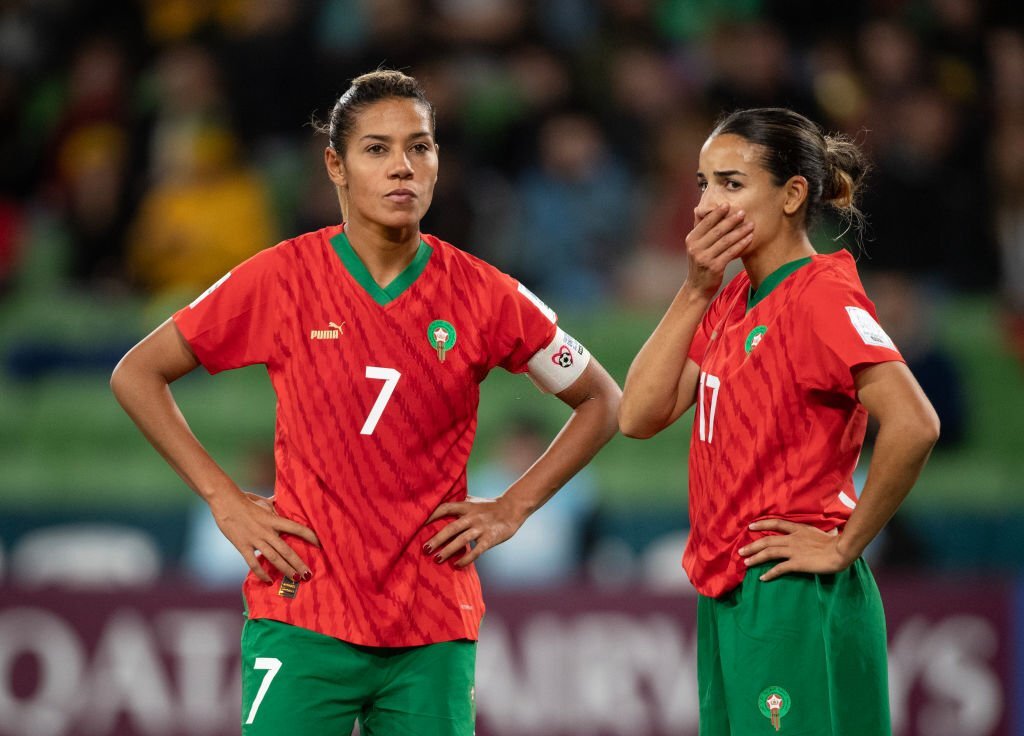 Ghizlane Chebbak and Hanane Ait El Haj in action for the Atlas Lionesses of Morocco at the 2023 FIFA Women's World Cup.