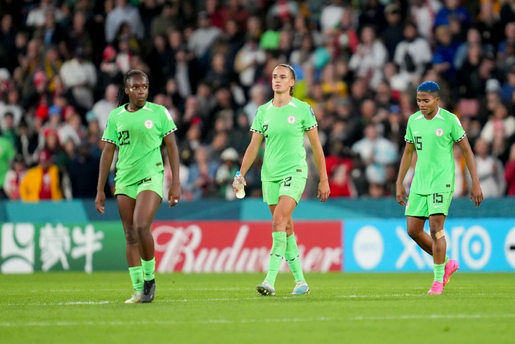 Michelle Alozie, Ashleigh Plumptre and Rasheedat Ajibade in action for the Super Falcons at the 2023 FIFA Women's World Cup.