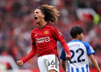 Tunisia’s Mejbri reacts to scoring first Manchester United goal