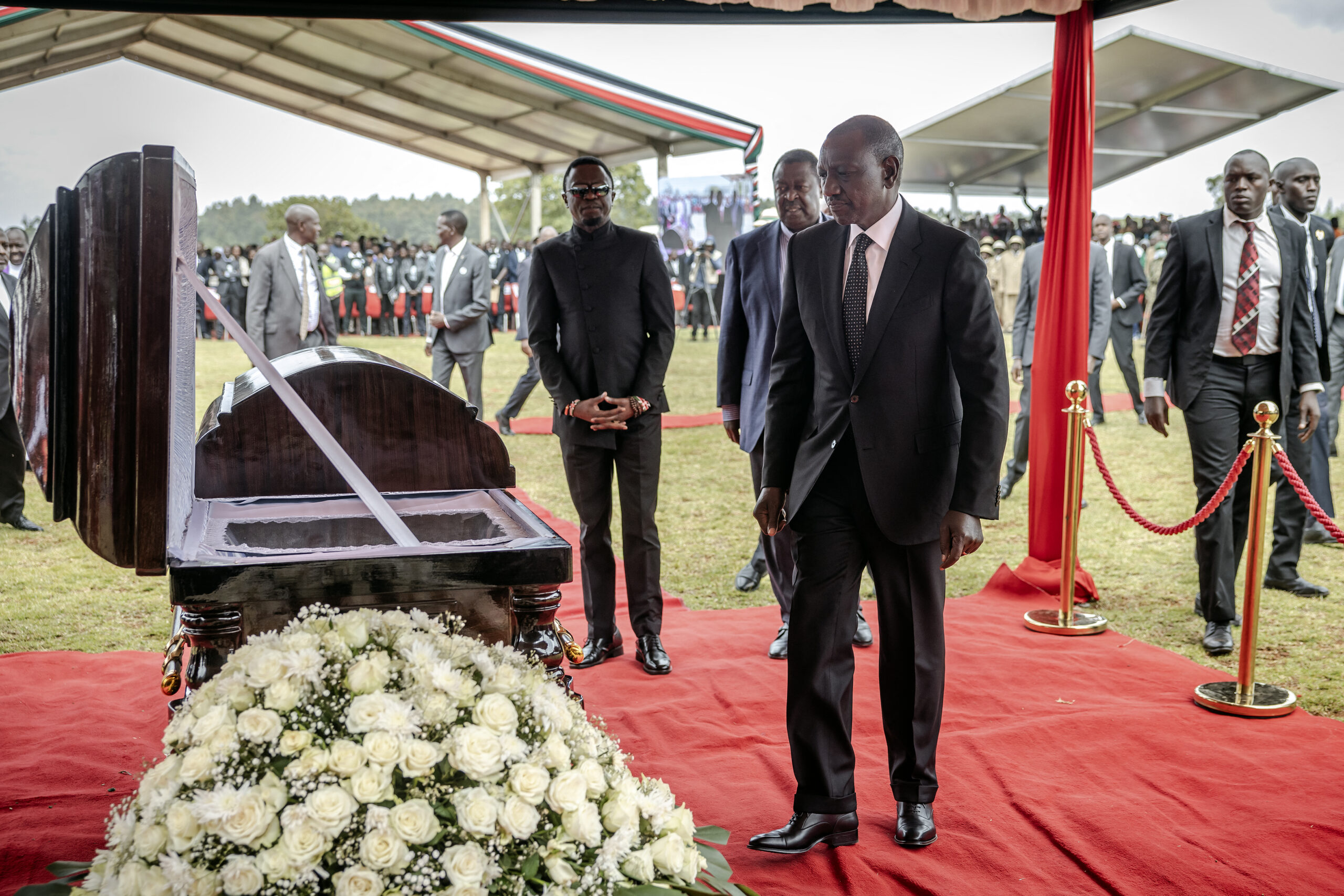 President of Kenya William Ruto approaches the coffin of Kelvin Kiptum while attending the funeral proceedings of the late marathon runner in Chepkorio on February 23, 2024. 