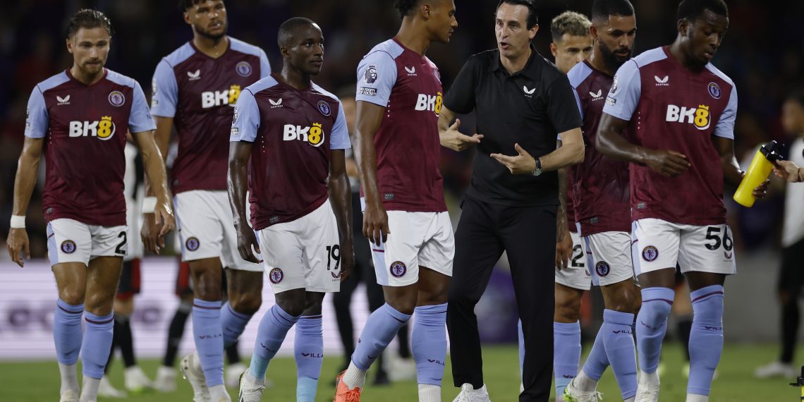 Unai Emery, Manager of Aston Villa, gives the team instructions during the Premier League Summer Series match between Aston Villa and Fulham FC at Exploria Stadium on July 26, 2023 in Orlando, Florida.