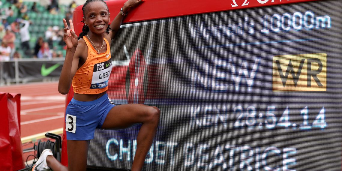 Beatrice Chebet of Team Kenya wins the women's 10,000-meter run with a world record during the Wanda Diamond League Prefontaine Classic at Hayward Field on May 25, 2024 in Eugene, Oregon.