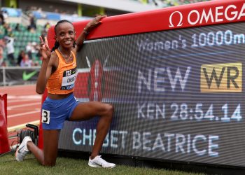 Beatrice Chebet of Team Kenya wins the women's 10,000-meter run with a world record during the Wanda Diamond League Prefontaine Classic at Hayward Field on May 25, 2024 in Eugene, Oregon.