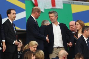 Prince William, Prince of Wales and President of the FA, shakes hands with HM King Frederik X, King of Denmark, after the UEFA EURO 2024 group stage match between Denmark and England at Frankfurt Arena on June 20, 2024 in Frankfurt 