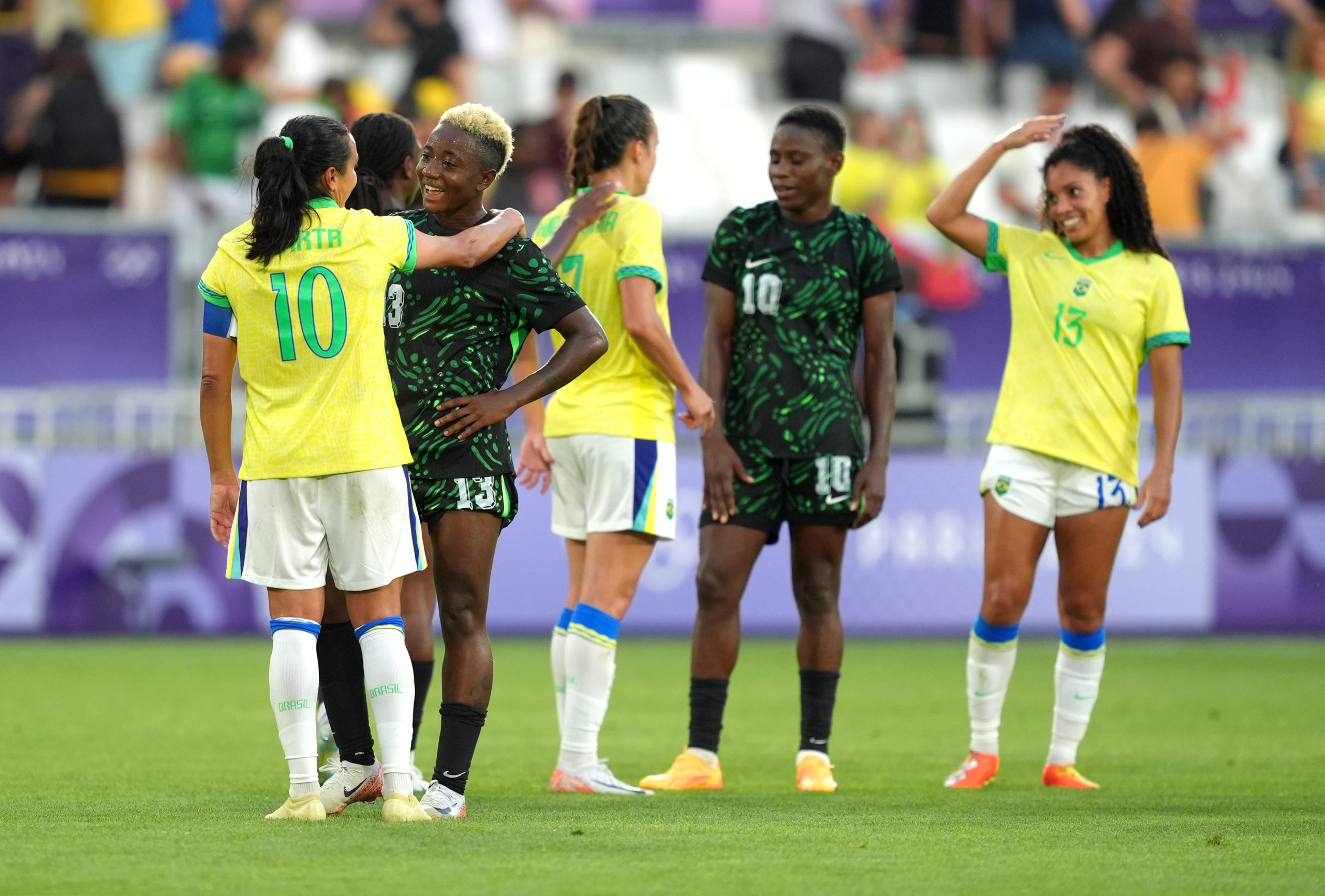 Players of Team Brazil and Team Nigeria interact after the Women's group C match between Nigeria and Brazil during the Olympic Games Paris 2024 at Nouveau Stade de Bordeaux on July 25.