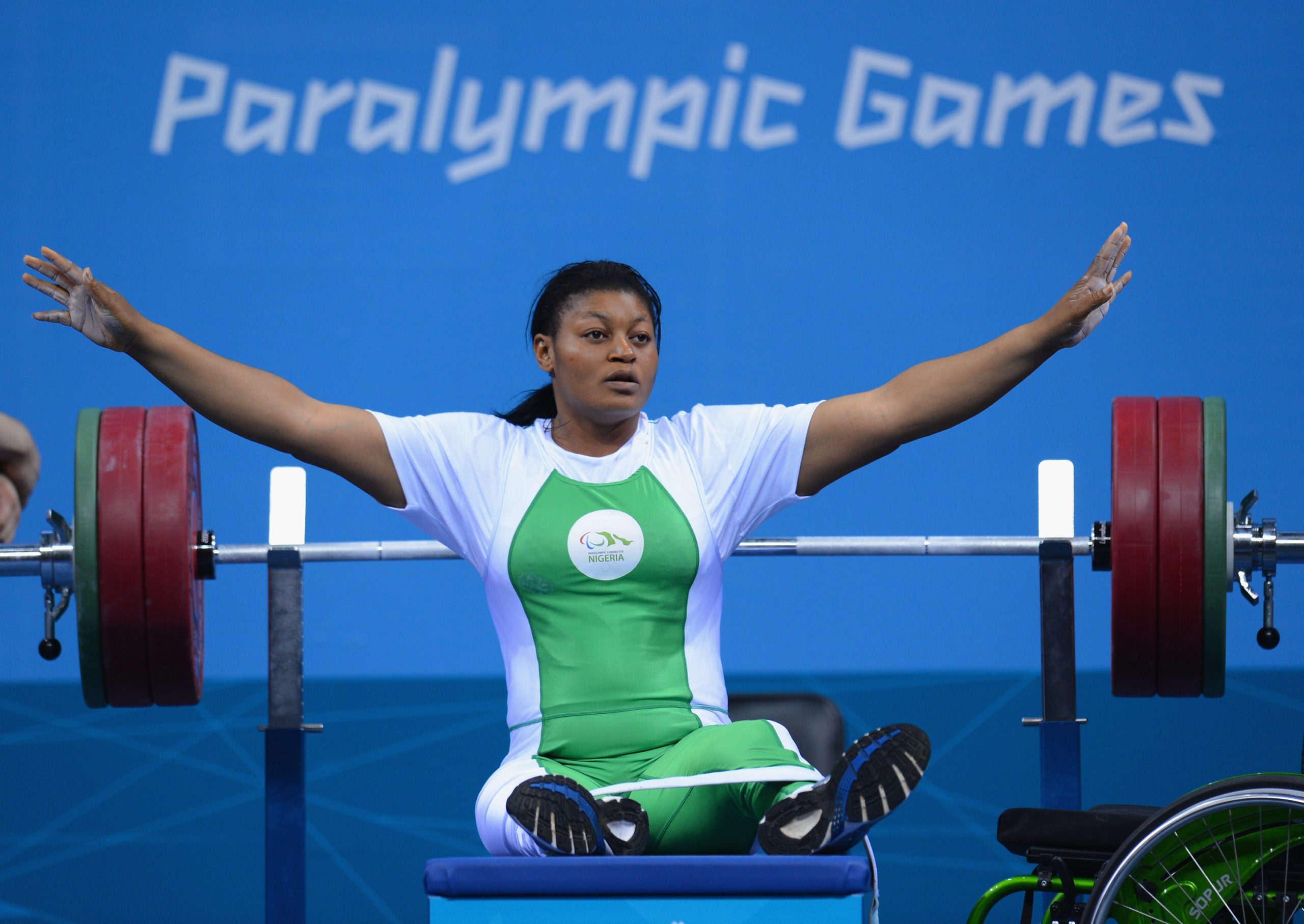 Folashade Oluwafemiayo of Nigeria wins the Silver medal in the Women's -75 kg Powerlifting on day 5 of the London 2012 Paralympic Games at ExCel on September 3, 2012 in London, England.