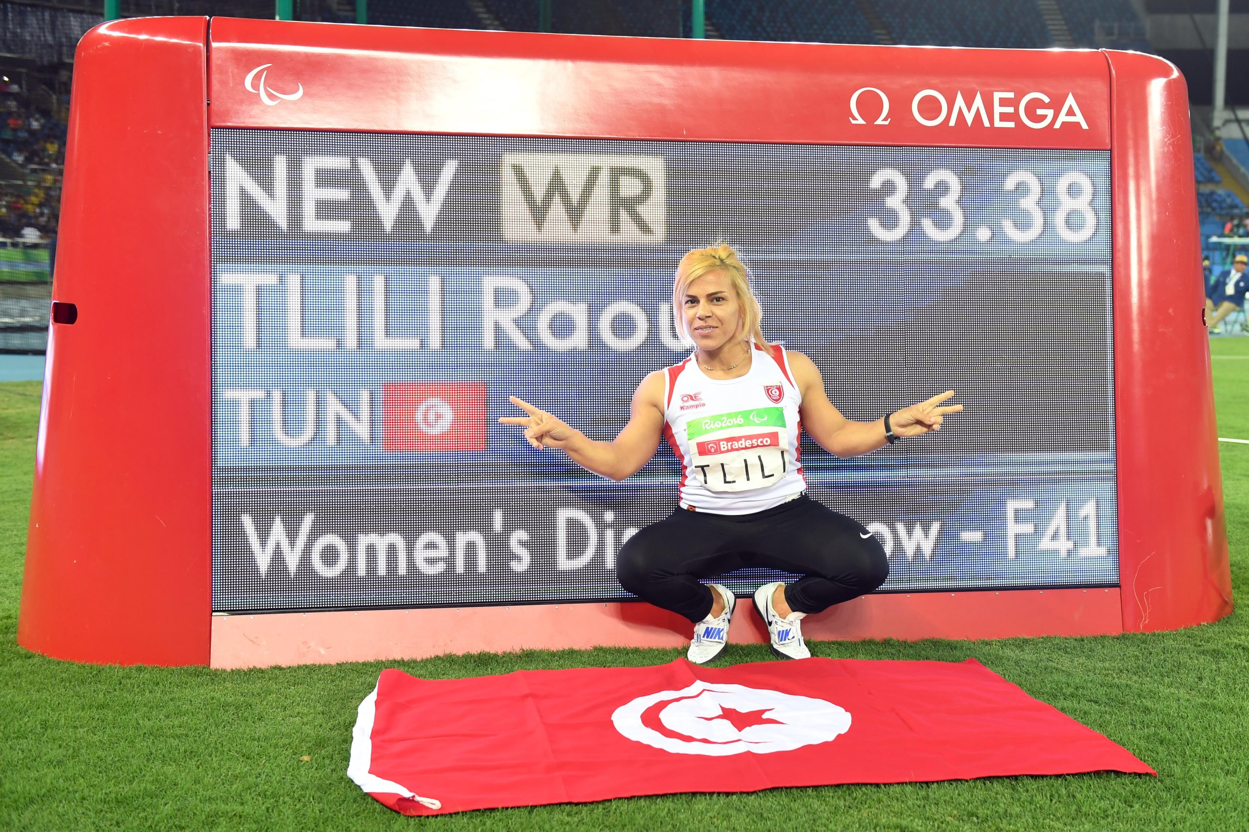 Raoua Tlili of Tunisia poses after she sets a new discus throw - F41 world record after the women's discus throw - F41 final during the day 8 of the Rio 2016 Paralympic Games at the Olympic stadium on September 15, 2016.