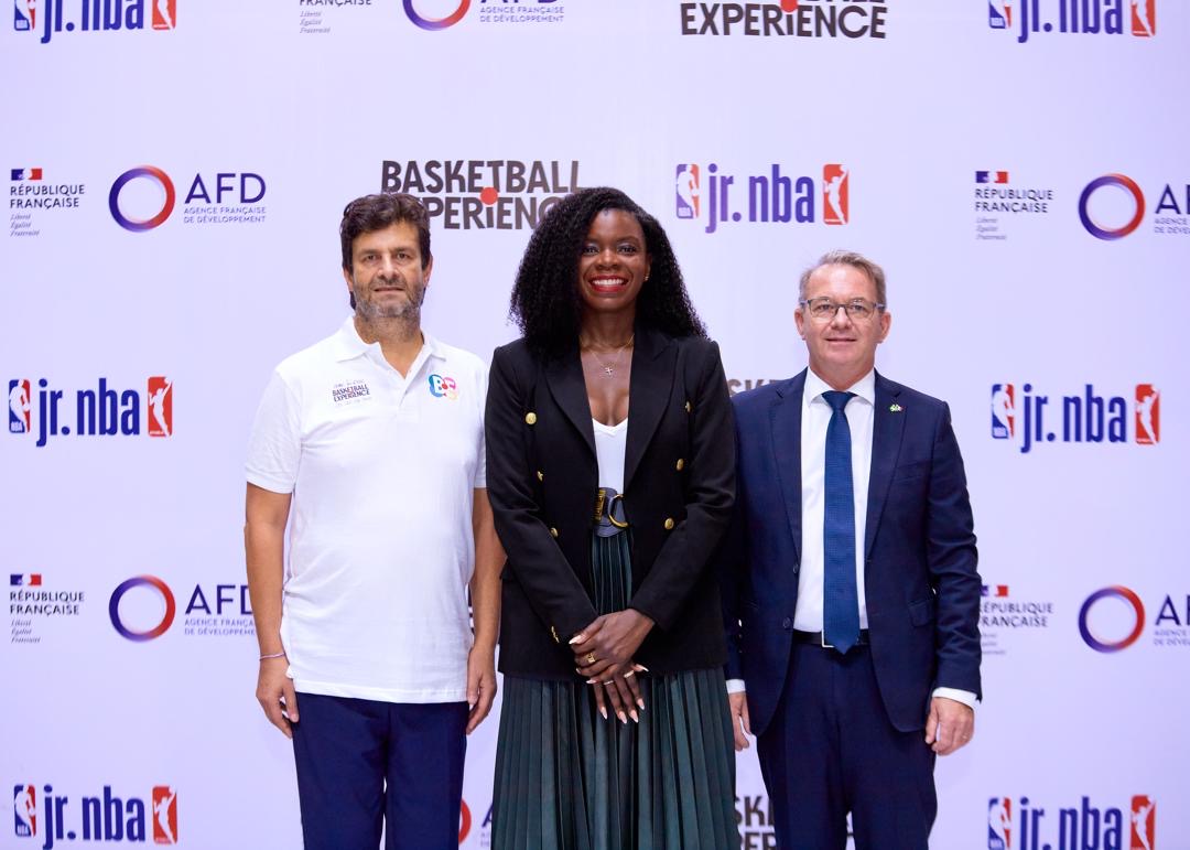 L-R: AFD Country Director for Nigeria, Xavier Muron; Vice President and Head of NBA Nigeria, Gbemisola Abudu and The Consul General of France in Nigeria, Laurent Favier at the celebration of the concluding Third Season of Jr. NBA & AFD Basketball Experience in Lagos, Nigeria. (Credit: AFD)