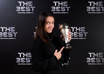 Aitana Bonmati lifting The Best FIFA Women's Player of the Year Award in Doha, Qatar
